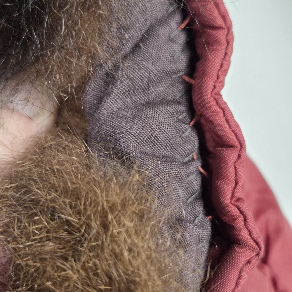 Vintage Quilted Jacket Womens Size 12 Real Fur Collar Long Rust Burnt Red Belted - Picture 9 of 11